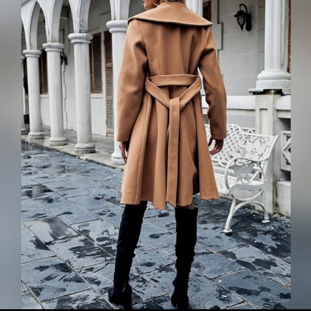 New Chic Flared Hem Button Shawl Collar Tie Trench Jacket Coat Camel - Picture 5 of 6